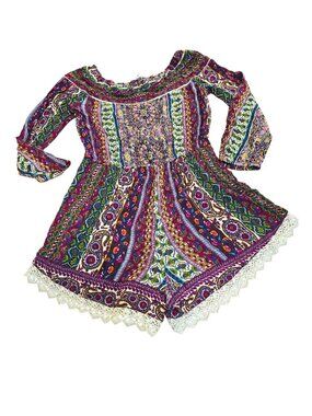 Patron of Peace Women's Medium Romper Purple Multi 3/4 Sleeves Shorts